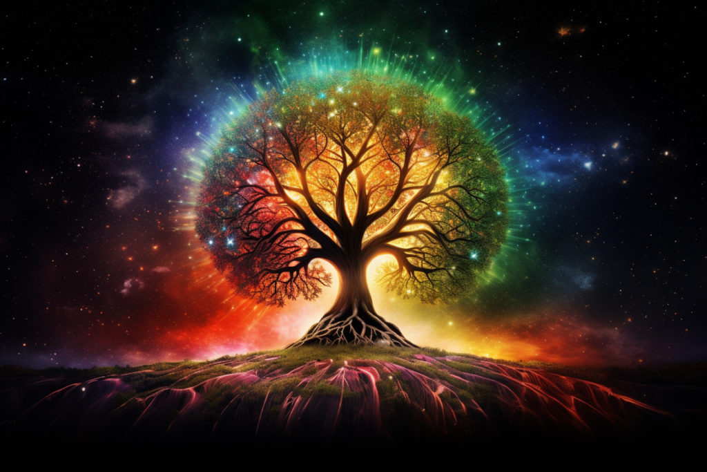 a brightly colored tree with a rainbow swirl in the background generative ai